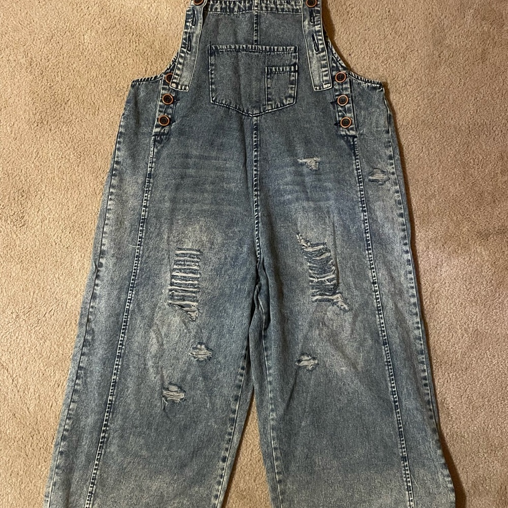 Easel Blue Denim Distressed Bibs/ overalls